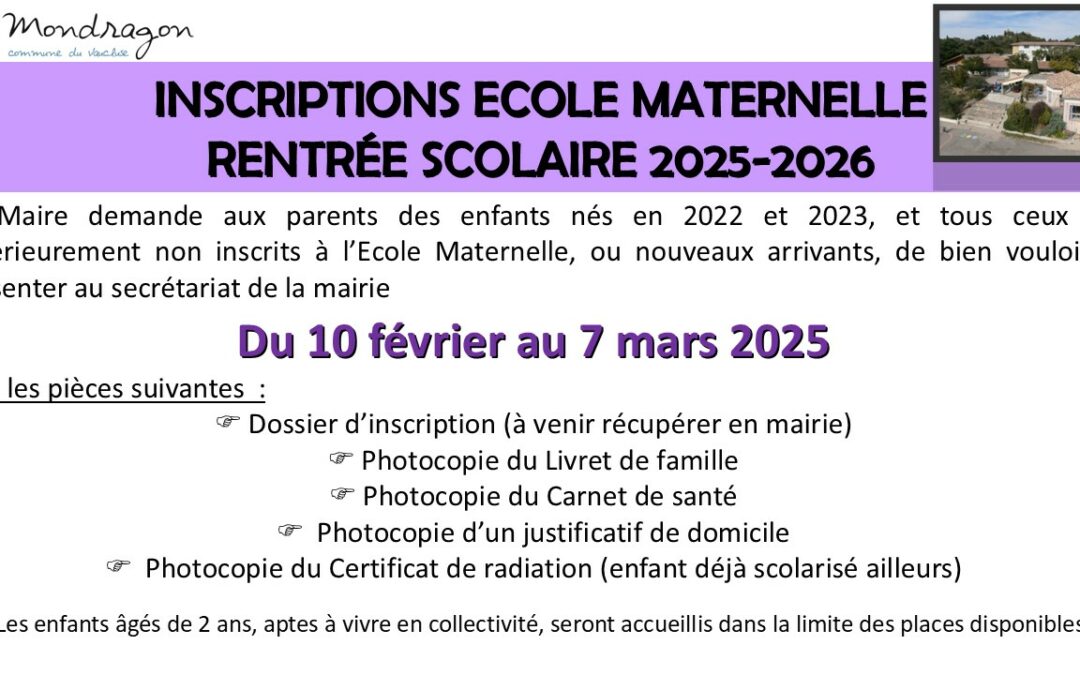 INSCRIPTIONS ÉCOLE MATERNELLE – RENTRÉE SCOLAIRE 2025/2026