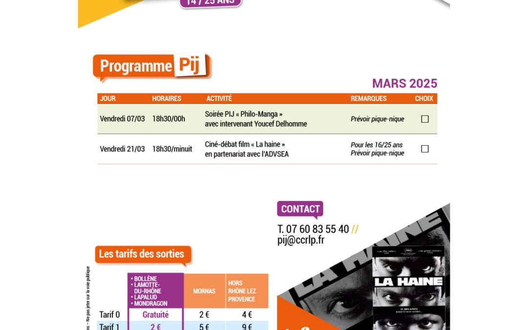 POINT INFORMATION JEUNESSE 14/25 ANS PROGRAMME MARS 2025