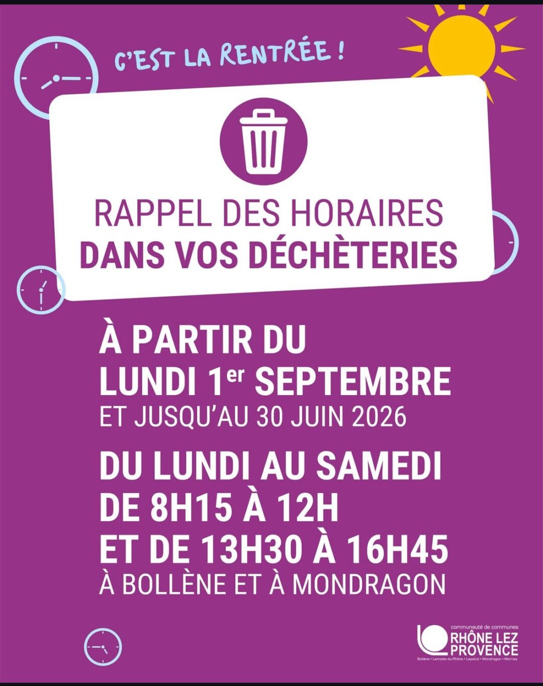 RAPPEL DES HORAIRES DANS VOS DECHÈTERIES