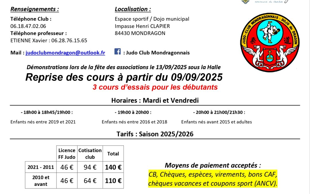 INFORMATION JUDO CLUB RENTRÉE 2025/2026
