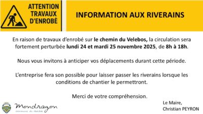 TRAVAUX ENROBÉ – INFORMATIONS AUX RIVERAINS