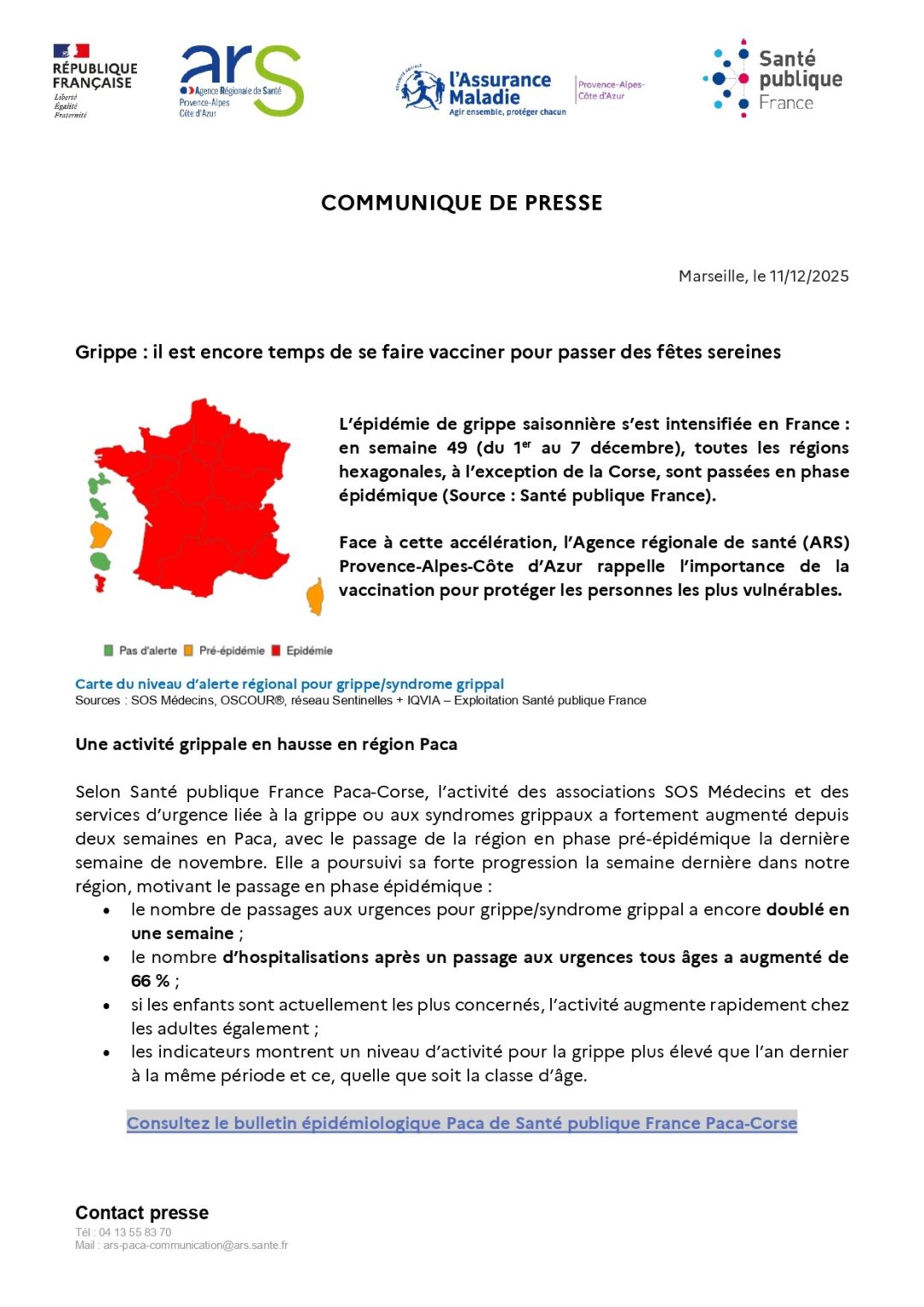 ÉPIDÉMIE DE GRIPPE – COMMUNIQUE DE PRESSE