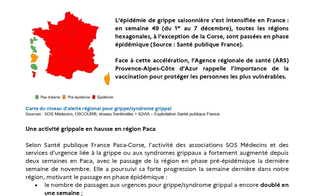 ÉPIDÉMIE DE GRIPPE – COMMUNIQUE DE PRESSE