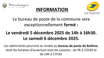 FERMETURE EXCEPTIONNELLE LA POSTE – MONDRAGON