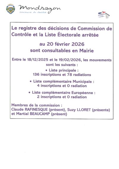 LE REGISTRE DES DÉCISIONS DE COMMISSION DE CONTRÔLE ET LA LISTE ÉLECTORALE ARRÊTÉE AU 20 FÉVRIER 2026 SONT CONSULTABLES EN MAIRIE