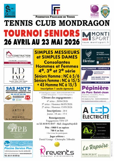 TENNIS CLUB MONDRAGON – TOURNOI SENIORS DU 26 AVRIL AU 23 MAI 2026