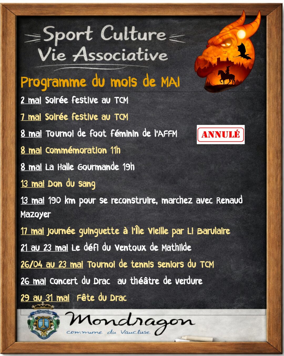 SPORT – CULTURE – VIE ASSOCIATIVE ARDOISE DU MOIS DE MAI 2026 – MONDRAGON