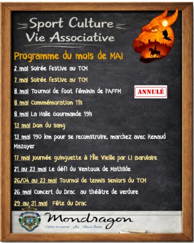 SPORT – CULTURE – VIE ASSOCIATIVE ARDOISE DU MOIS DE MAI 2026 – MONDRAGON