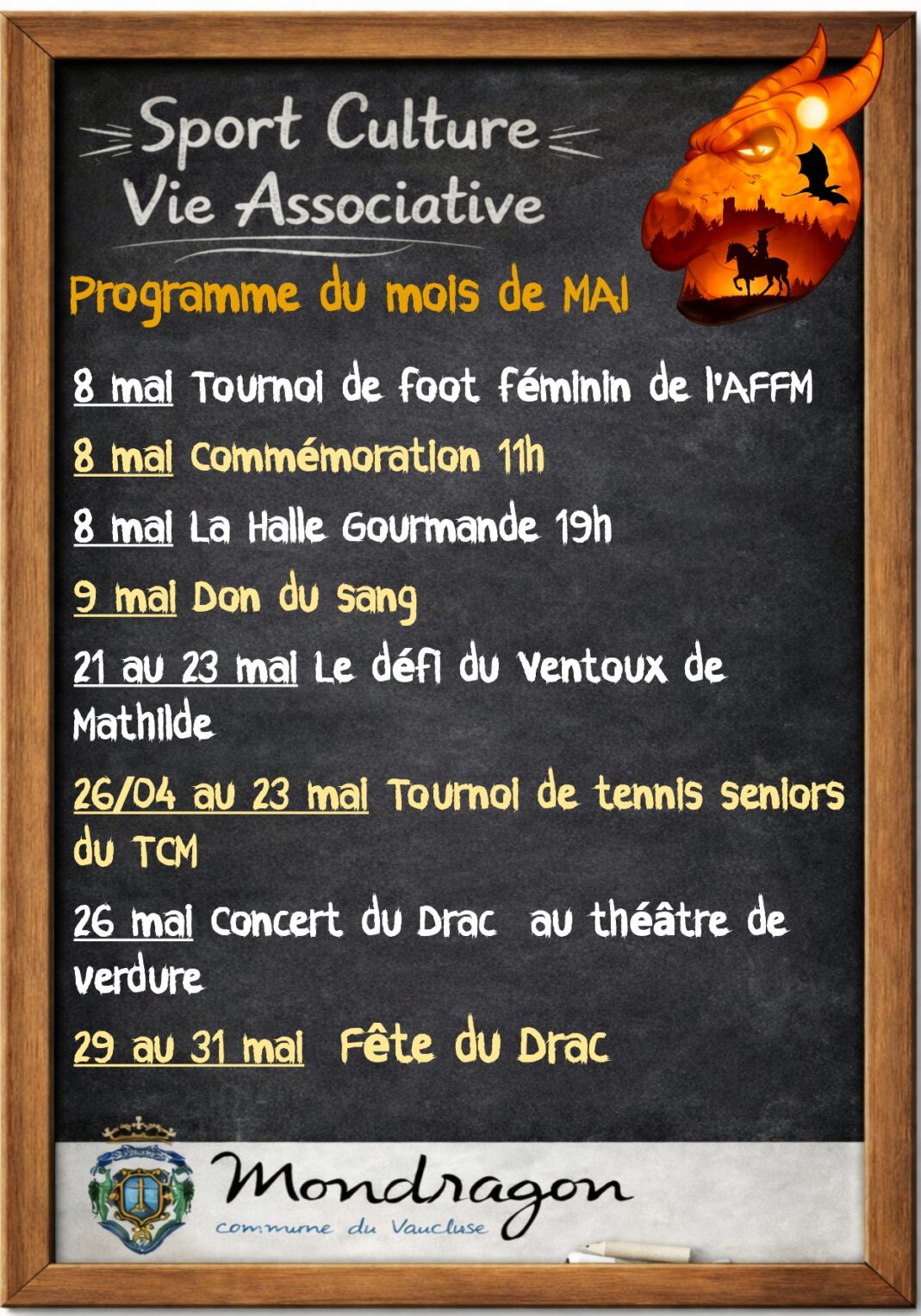 SPORT CULTURE VIE ASSOCIATIVE – PROGRAMME DU MOIS DE MAI 2026 COMMUNE DE MONDRAGON