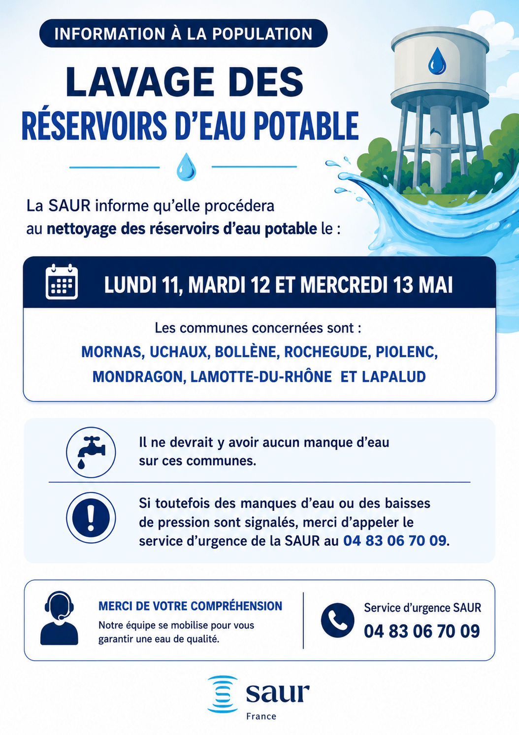 INFORMATION À LA POPULATION LA SAUR – LAVAGE DES RÉSERVOIRS D&rsquo;EAU POTABLE