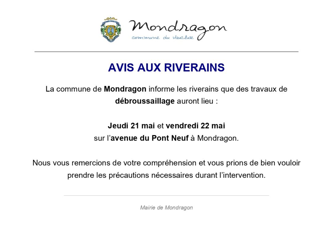 AVIS AUX RIVERAINS – DÉBROUSSAILLAGE