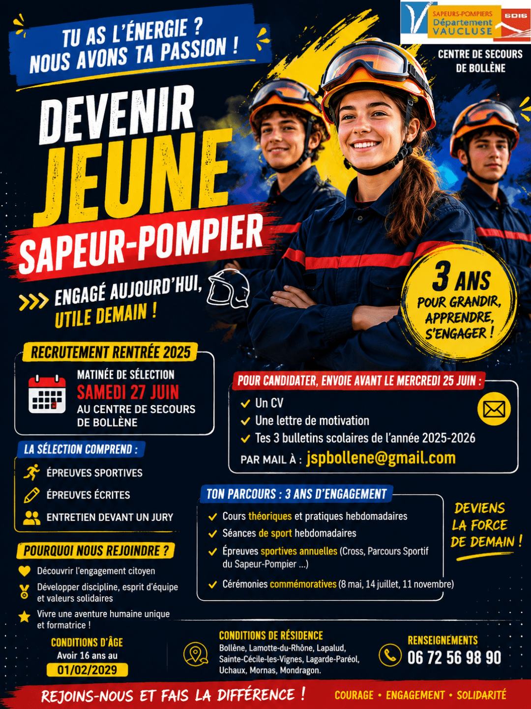 MATINÉE DE SÉLECTION JEUNE SAPEUR POMPIER – SAMEDI 27 JUIN – CENTRE DE SECOURS DE BOLLÈNE