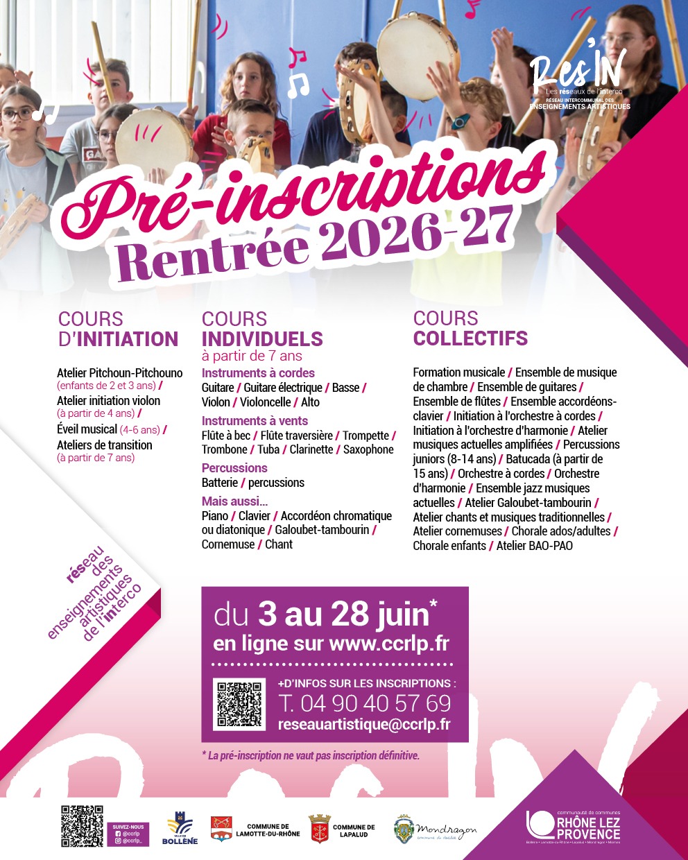 RÉSEAU DES ENSEIGNEMENTS ARTISTIQUES DE L&rsquo;INTERCO – PRÉ-INSCRIPTIONS RENTRÉE 2026-2027