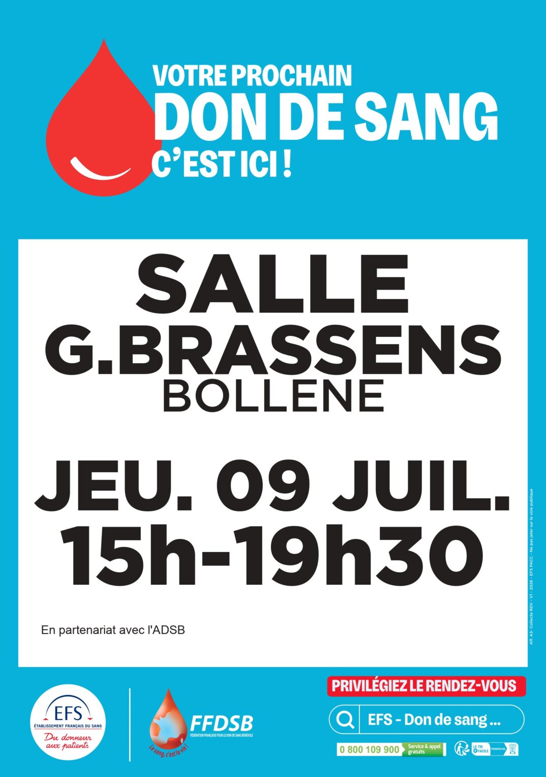 DON DU SANG – JEUDI 9 JUILLET 15H-19H30 – SALLE GEORGES BRASSENS BOLLÈNE