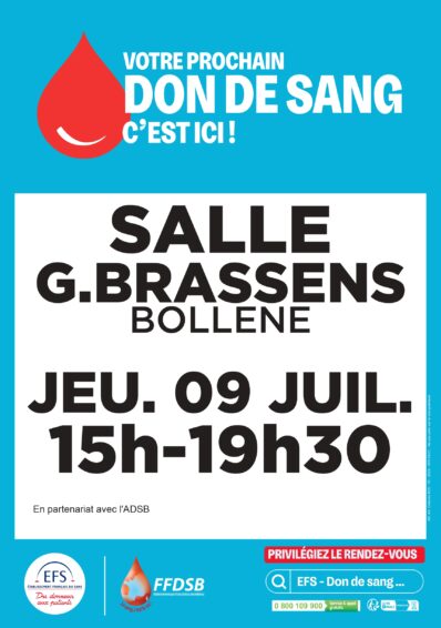 DON DU SANG – JEUDI 9 JUILLET 15H-19H30 – SALLE GEORGES BRASSENS BOLLÈNE