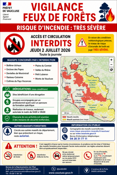 VIGILANCE FEUX DE FORÊTS – RISQUE D’INCENDIE – JEUDI 2 JUILLET 2026
