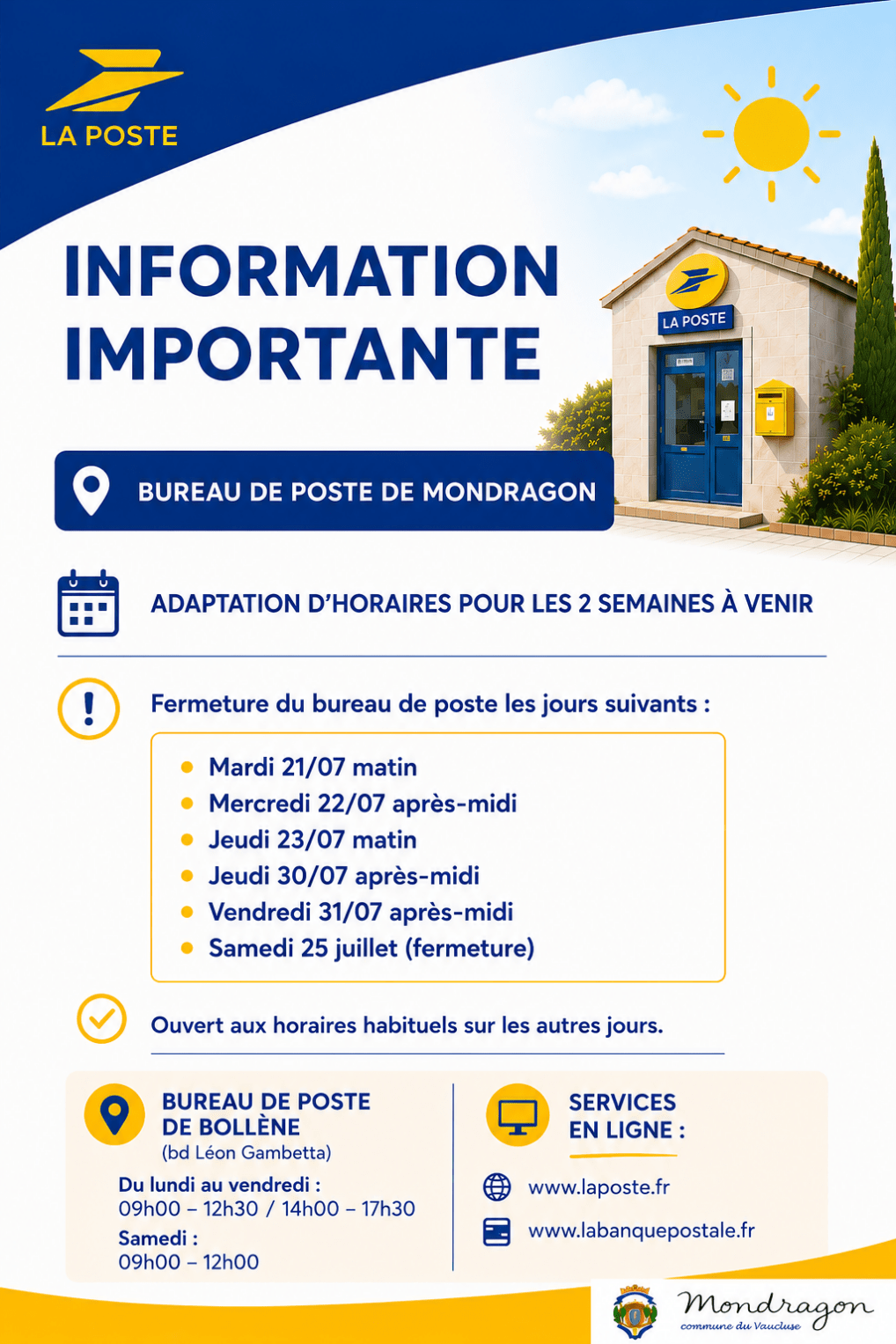 INFORMATION BUREAU DE POSTE MONDRAGON – ADAPTATION DES HORAIRES