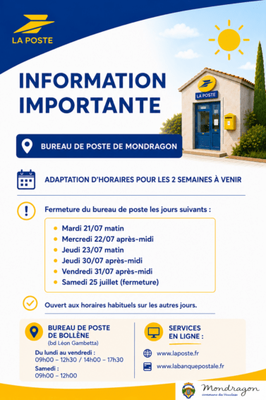 INFORMATION BUREAU DE POSTE MONDRAGON – ADAPTATION DES HORAIRES