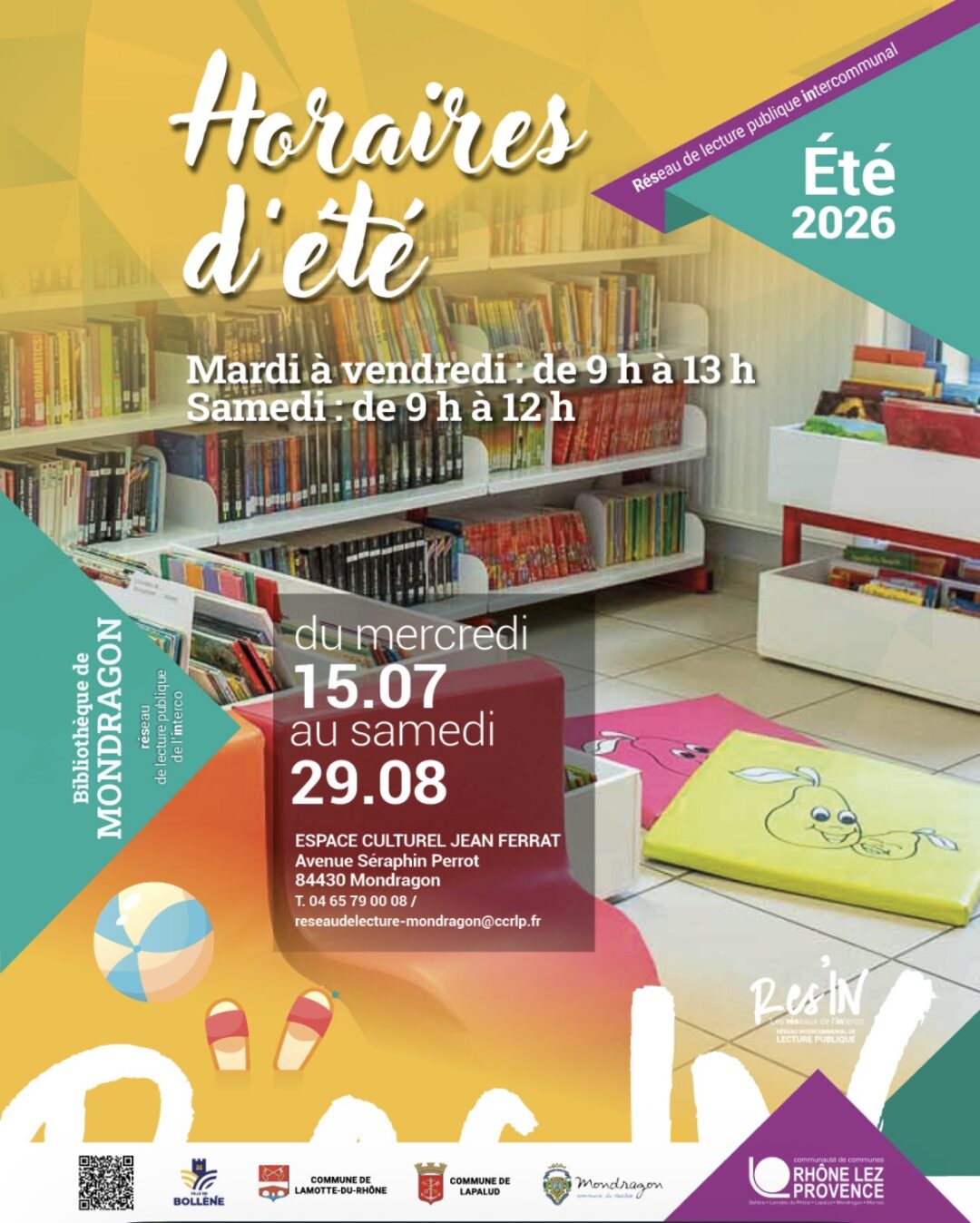 HORAIRES D’ÉTÉ – BIBLIOTHÈQUE DE MONDRAGON – RÉSEAU DE LECTURE PUBLIQUE INTERCOMMUNAL