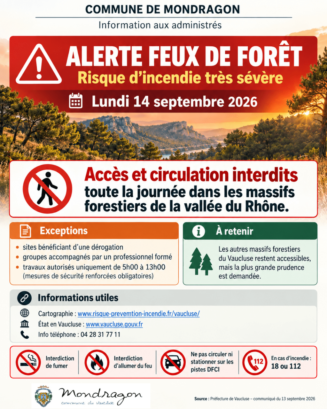 VIGILANCE FEUX DE FORÊTS – RISQUE INCENDIE TRÈS SÉVÈRE – LUNDI 14 SEPTEMBRE