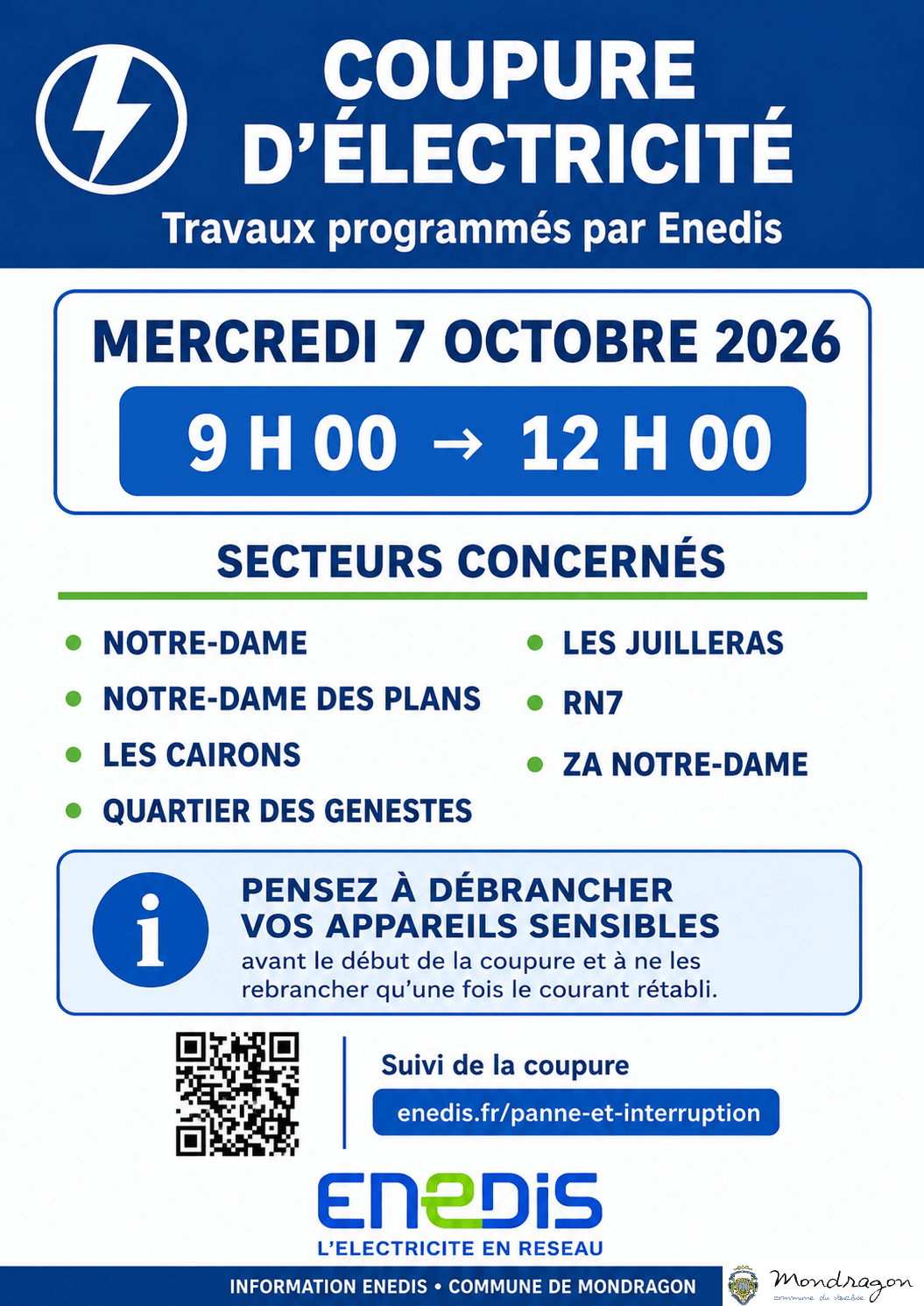 COUPURE D&rsquo;ÉLECTRICITÉ – TRAVAUX PROGRAMMÉS PAR ENEDIS