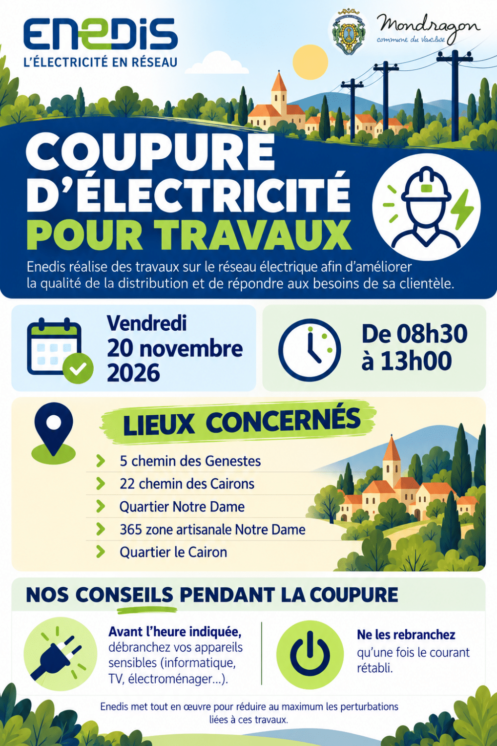 INFORMATION ENEDIS – COUPURE D’ÉLECTRICITÉ POUR TRAVAUX