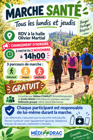 🚶♀️ MARCHE SANTÉ – BOUGER, PARTAGER, RESPIRER ! NOUVEL HORAIRE A PARTIR DU 2 NOVEMBRE