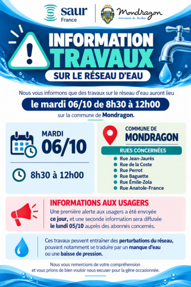 INFORMATION SAUR – TRAVAUX SUR LE RÉSEAU D&rsquo;EAU  RUES JEAN JAURÈS, DE LA COSTE, PERROT, BAGUETTE, ÉMILE ZOLA, ANATOLE FRANCE
