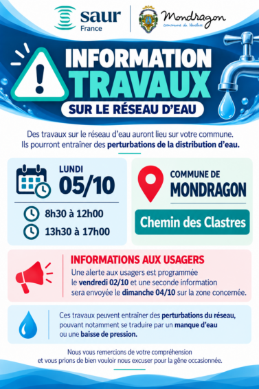 INFORMATION SAUR – TRAVAUX SUR LE RÉSEAU D&rsquo;EAU CHEMIN DES CLASTRES MONDRAGON