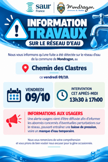 INFORMATION TRAVAUX SUR LE RÉSEAU D’EAU – CHEMIN DES CLASTRES – MONDRAGON
