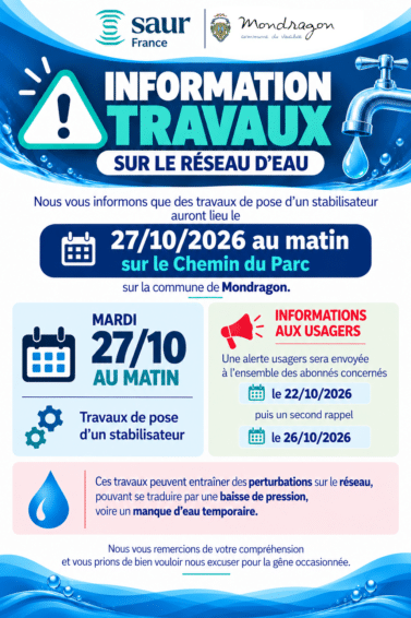 INFORMATION TRAVAUX SUR LE RÉSEAU D’EAU – CHEMIN DU PARC – MONDRAGON